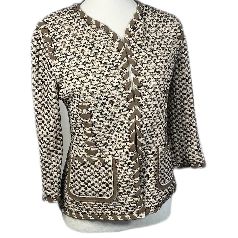 St. John Collection Cream and Brown Braided-Trim Tweed Blazer